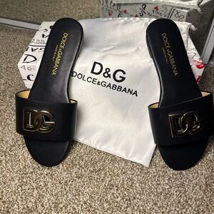 Dolce & Gabbana Black Slide Sandals with Gold Logo